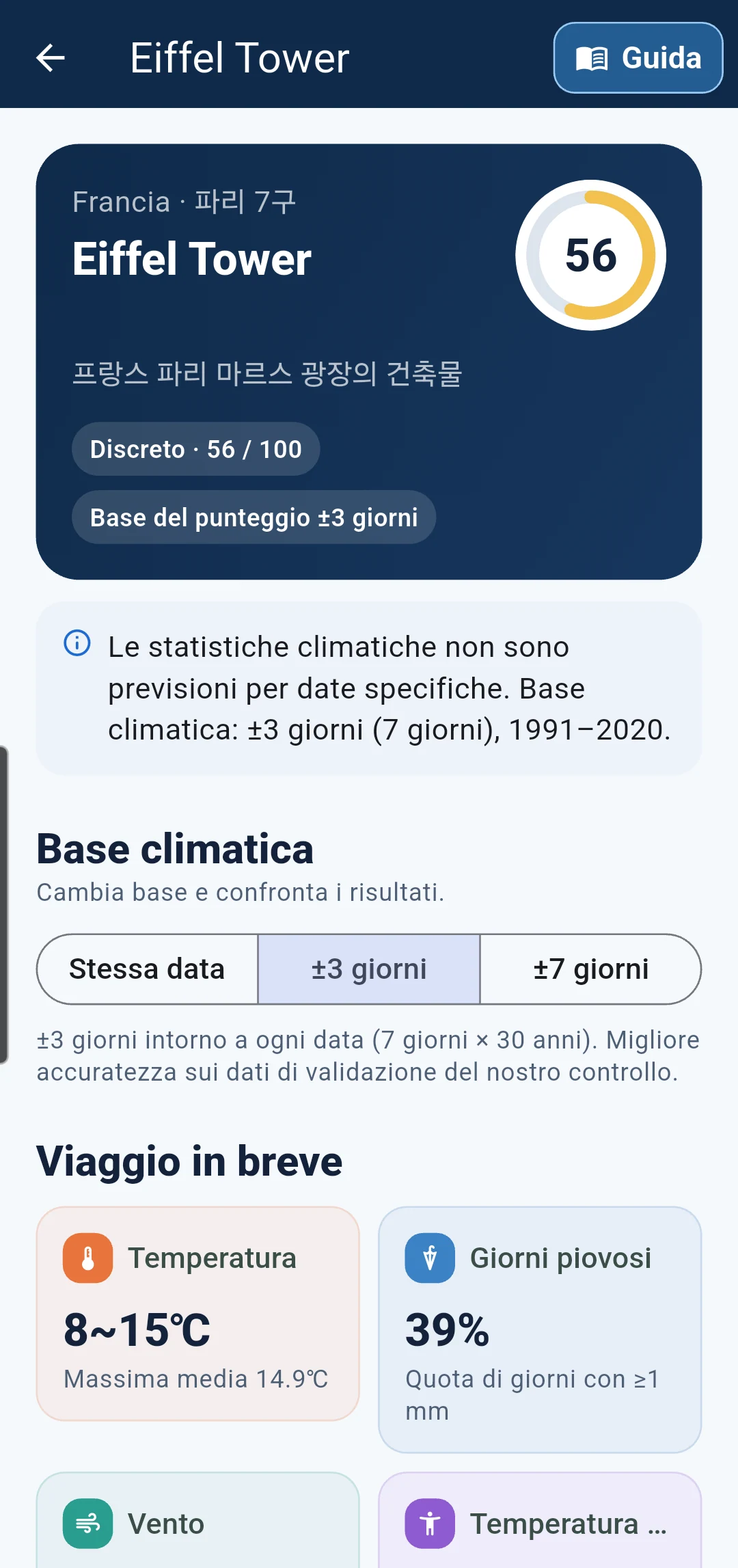 Meteo dettagliato e pulsante della guida