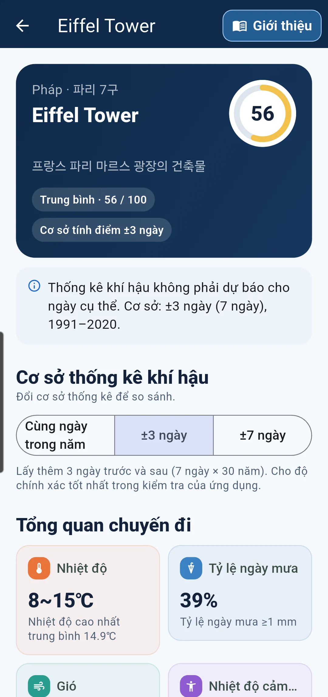 Thời tiết chi tiết và nút giới thiệu